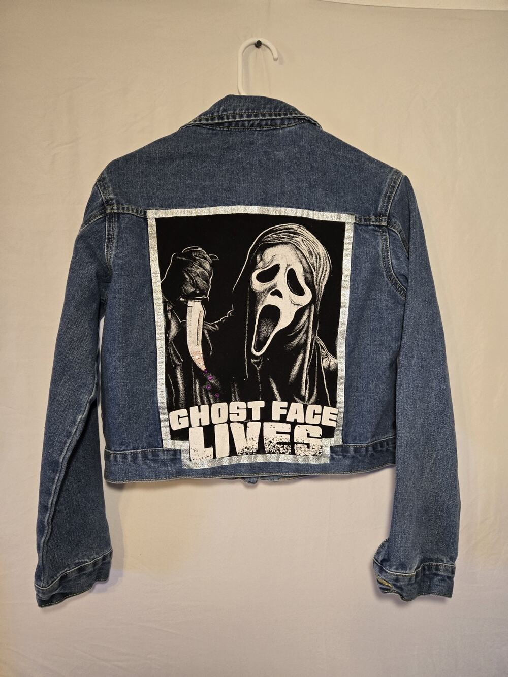 Upcycled Decorated Shein Size L Denim Jacket Halloween Ghost Face Rhinestone